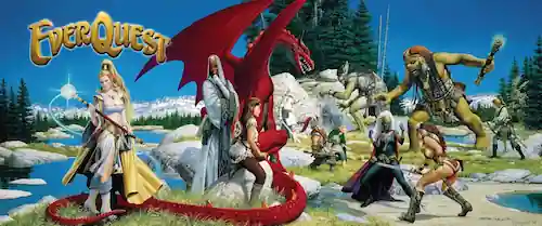 صورة فنية من لعبة EverQuest تُظهر مجموعة من الشخصيات الخيالية تقاتل مخلوقات في مشهد طبيعي يضم تنينًا أحمر وجبال وغابة.