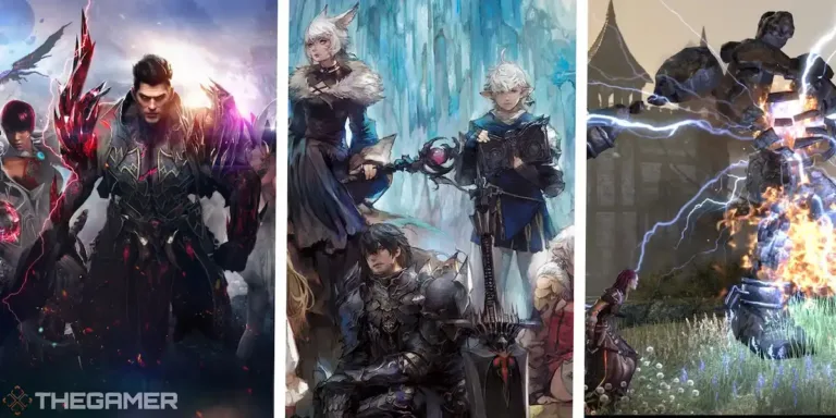 أفضل 25 لعبة MMORPG يمكنك لعبها في 2025 1 صورة تضم ثلاث لقطات من ألعاب MMORPG تظهر أنظمة الجيلد: الأولى لمحارب مظلم محاط بالحلفاء، الثانية لشخصيات أنمي بأسلحة سحرية، والثالثة لساحرة تواجه عملاقًا حجريًا يتعرض لصعق كهربائي