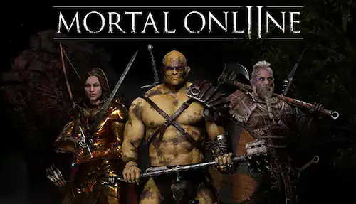ثلاثة شخصيات قوية من لعبة Mortal Online 2 مستعدين للمعركة في عالم خيالي مظلم