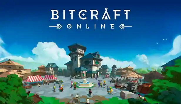 لقطة فنية من لعبة Bitcraft Online تُظهر ساحة مدينة نابضة بالحياة مع شخصيات متعددة وأكشاك، تعكس أجواء اللعبة الجماعية بأسلوب رسومي مميز.