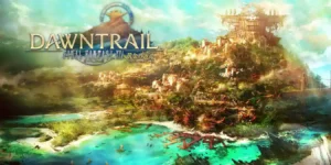 صورة دعائية لتوسعة Dawntrail من لعبة Final Fantasy XIV تُظهر مدينة خيالية ساحلية مزدهرة بألوان زاهية ومناظر طبيعية خلابة تمهيدًا لعرض التوسعة على Steam
