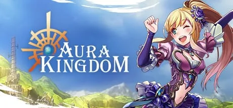 صورة ترويجية للعبة Aura Kingdom تُظهر فتاة أنمي مبتسمة بأسلوب رسومي ياباني وخلفية جبلية مشرقة.