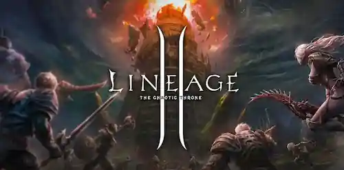 صورة ترويجية للعبة Lineage II: The Chaotic Throne تُظهر معركة ملحمية بين المحاربين أمام برج مشتعل في أجواء خيالية مظلمة.