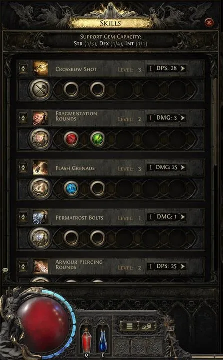 مراجعة الوصول المبكر للعبة Path of Exile 2 3 skill gem panel