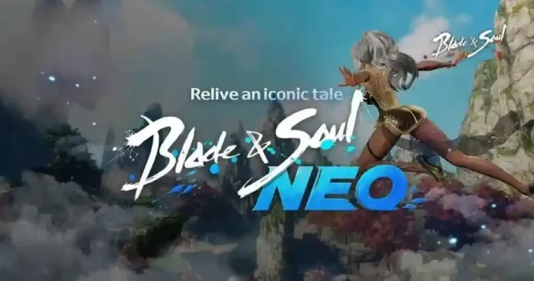 شخصية أنثوية من لعبة Blade & Soul Neo تقفز في مشهد خيالي مذهل مع شعار اللعبة بالإنجليزية في المقدمة.
